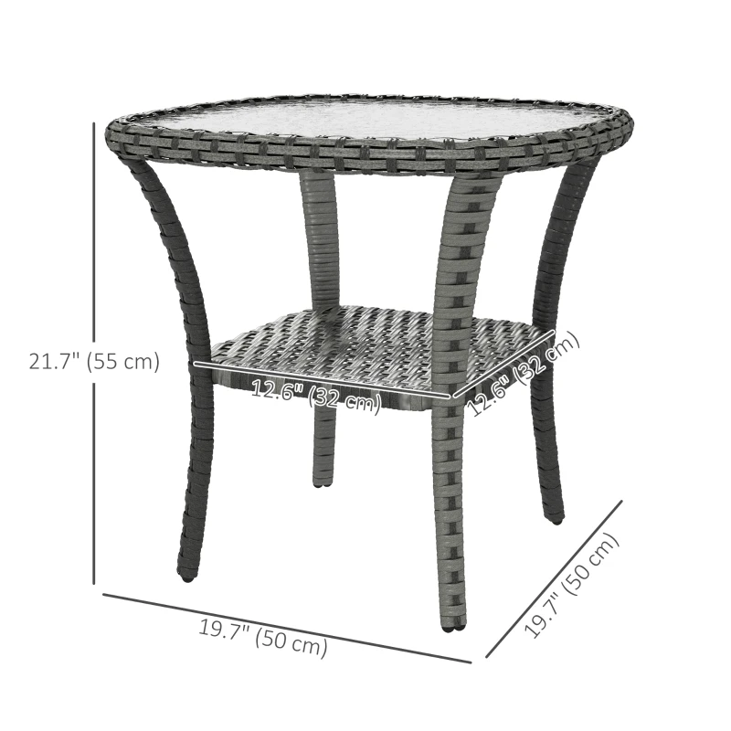 Outsunny Outdoor Coffee Table with Storage Shelf, Hand-Woven Wicker Side Table with Water-Ripple Glass Top, Mix Grey