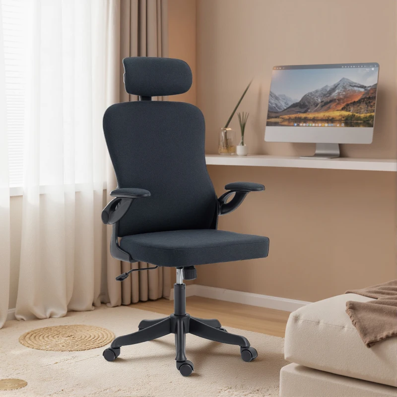 HOMCOM Ergonomic Office Chair, Swivel Desk Chair with Adjustable Lumbar Support, Headrest and Height, Flip-up Armrests, Black