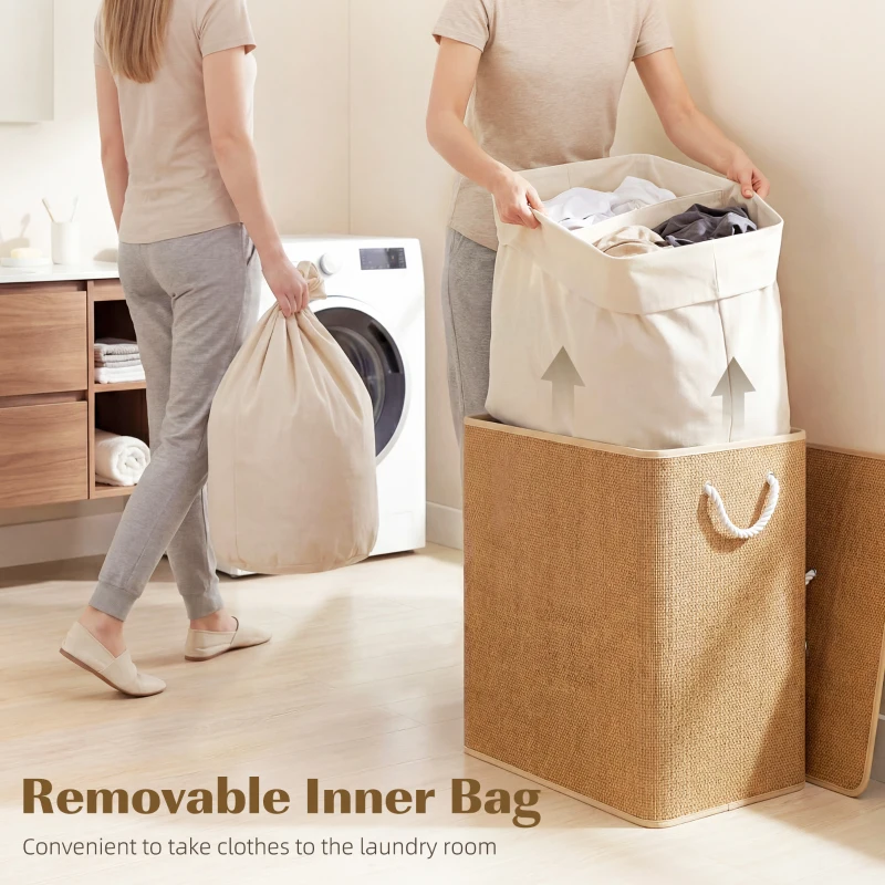 HOMCOM Double Laundry Basket with Lid, 100L Bamboo Laundry Hamper with Rope Handles and Removable Bags, Brown
