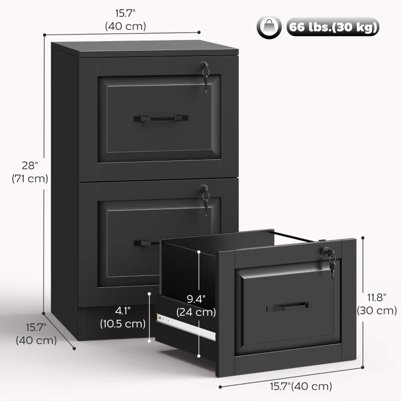 HOMCOM 2 Drawer File Cabinet with Lock, Vertical Filing Cabinet with Adjustable Hanging Bars for A4 and Letter Size, Black