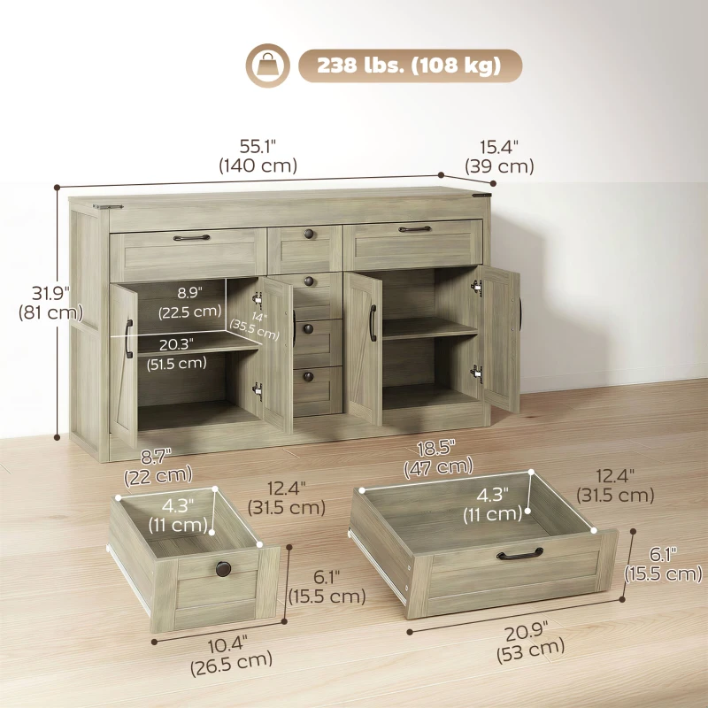 HOMCOM Sideboard Buffet Cabinet, 55" Farmhouse Kitchen Cabinet with 4 Barn Doors, 6 Drawers and 2 Adjustable Shelves, Grey