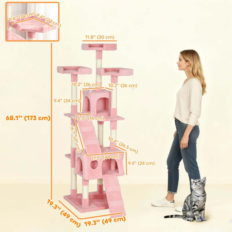 PawHut 68-inch Multi-Level Cat Scratching Tree Kitty Activity Center Post Tower Condo Pet Furniture w/ Toy Pink