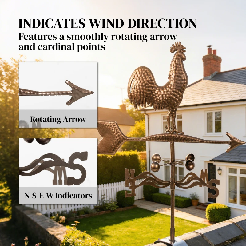 Outsunny Metal Rooster Weathervane, Roof Mount Wind Direction Indicator, Outdoor Weather Vanes