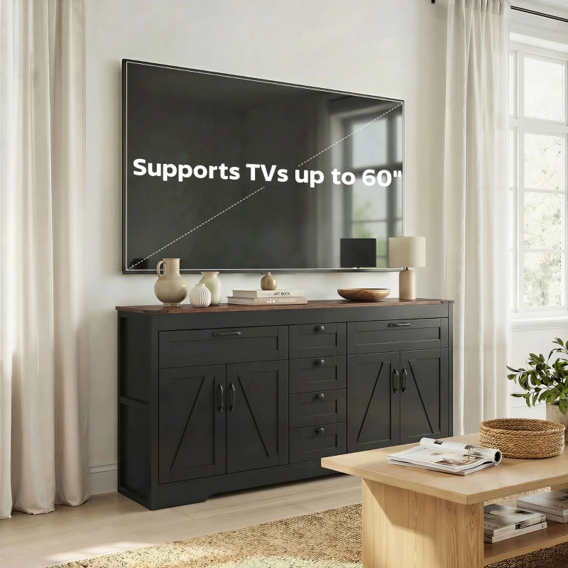 HOMCOM Sideboard Buffet Cabinet, 55" Farmhouse Kitchen Cabinet with 4 Barn Doors, 6 Drawers and 2 Adjustable Shelves, Black