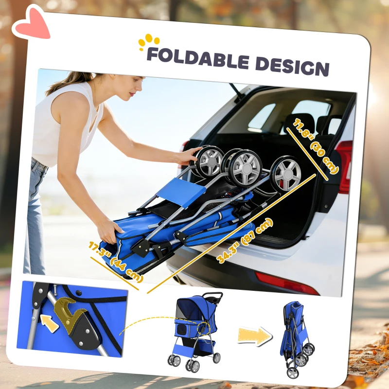 PawHut Pet Stroller with Reflective Strips, Foldable Cat Stroller with 360° Swivel Wheels for Small Dogs and Cats, Blue