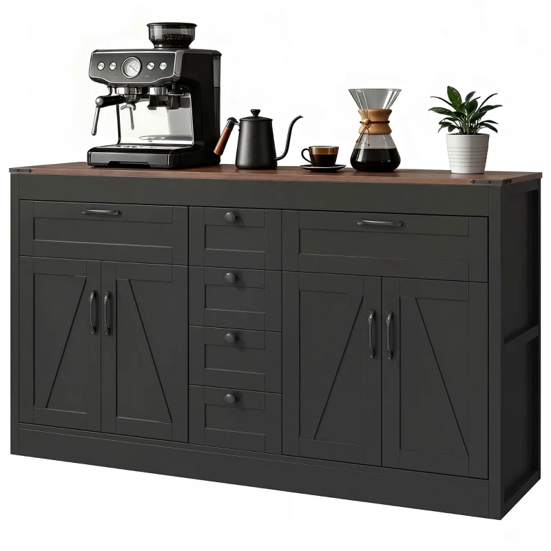 HOMCOM Sideboard Buffet Cabinet, 55" Farmhouse Kitchen Cabinet with 4 Barn Doors, 6 Drawers and 2 Adjustable Shelves, Black