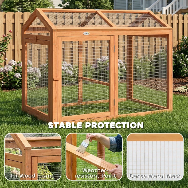 PawHut Wooden Chicken Run, Outdoor Chicken Coop with Perch and Dual Doors, Combinable Hen House Rabbit Hutch for Backyard