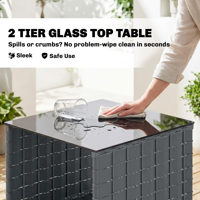 Outsunny 3 Piece Wicker Patio Furniture Set, Outdoor Bistro Set, Side Pockets, Mesh Seat, 2 Tier Glass Table, Cushions, Grey