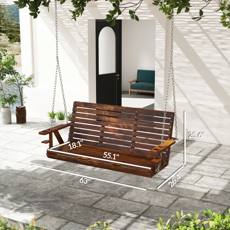 Outsunny 3-Seater Swing Bench, Wooden Porch Swing with Cupholders, Hanging Chains for Patio Garden, Carbonized