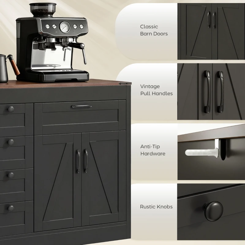 HOMCOM Sideboard Buffet Cabinet, 55" Farmhouse Kitchen Cabinet with 4 Barn Doors, 6 Drawers and 2 Adjustable Shelves, Black
