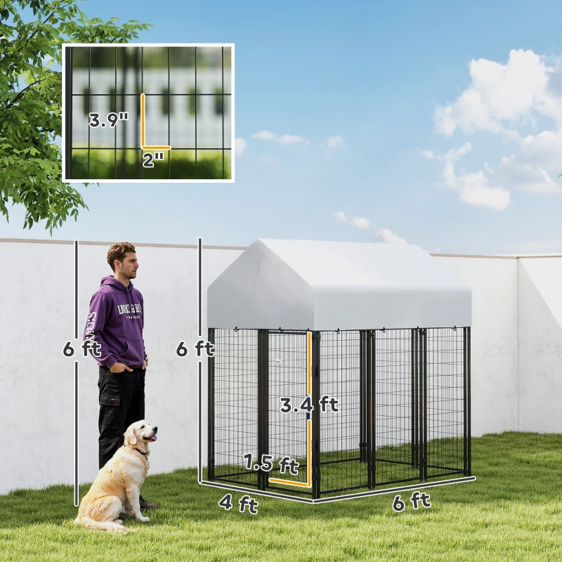 PawHut Outdoor Dog Kennel with Roof, 6' x 4' x 6' Heavy Duty Welded Wire Dog Playpen Enclosure with Escape-proof Lock