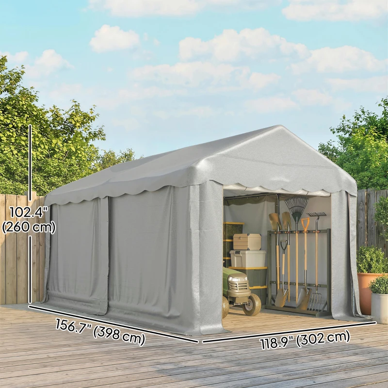 Outsunny 13' x 10' Portable Shed, Outdoor Storage Shed Tent with Roll-up Zipper Door and Removable Sidewalls, Light Grey