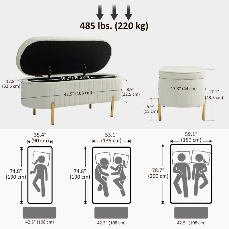 HOMCOM Upholstered Bedroom Bench, Channel Tufted Ottoman Bench with Thick Padding and Metal Legs, Cream White
