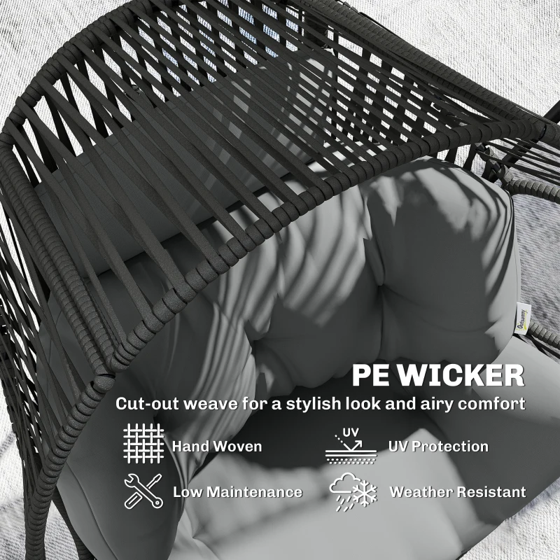 Outsunny Wicker Egg Chair, Indoor Outdoor Rattan Lounge Chair with Thick Cushion and Headrest, Steel Frame, Adjustable Pads, Grey