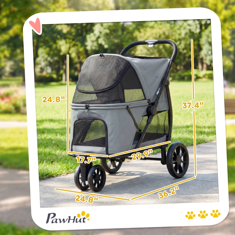 PawHut 3 Wheel Pet Stroller with Easy One-Click Quick Fold, Mesh Window, Washable Cushion, for Medium Dogs, Gray