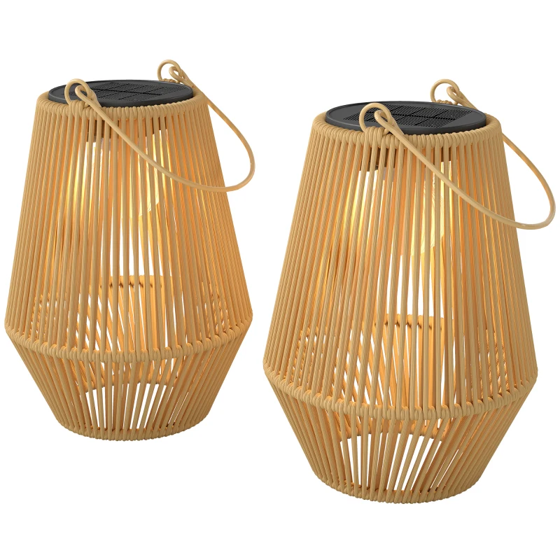 Outsunny 2 Pack Wicker Solar Lanterns Outdoor Waterproof Hanging Lights with Auto On/Off and Handles, Brown