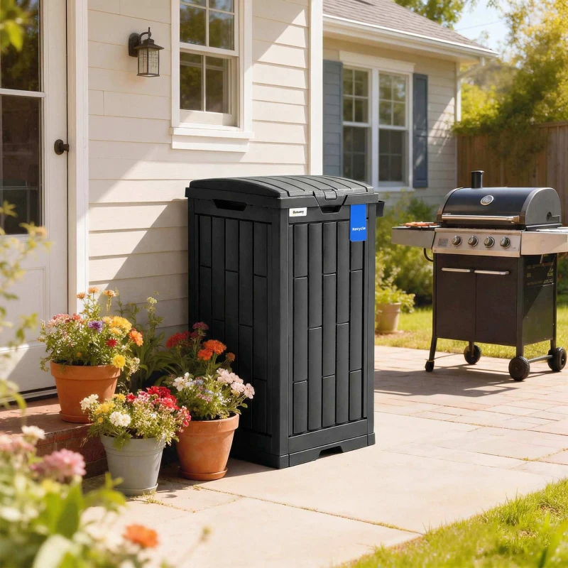 Outsunny 29 Gallon Outdoor Garbage Bin with Dual Lid, Plastic Outdoor Waste Trash Can with Side Holder and Drip Tray, Black