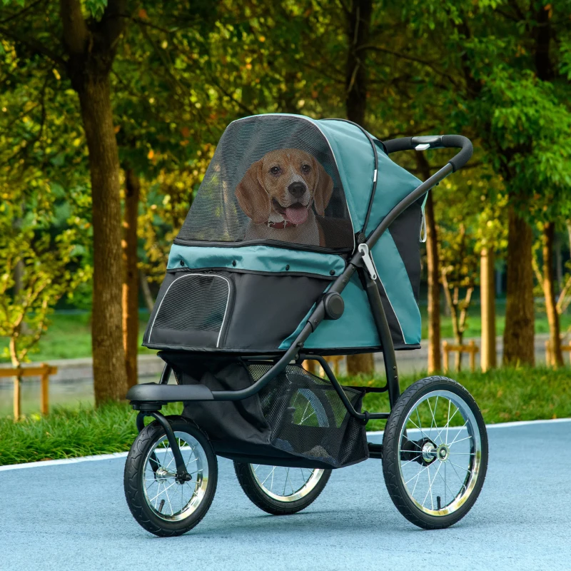 PawHut 3 Wheels Pet Stroller for Small Dogs and Medium Dogs with Adjustable Canopy, Safety Tether, Storage Basket, Dark Green
