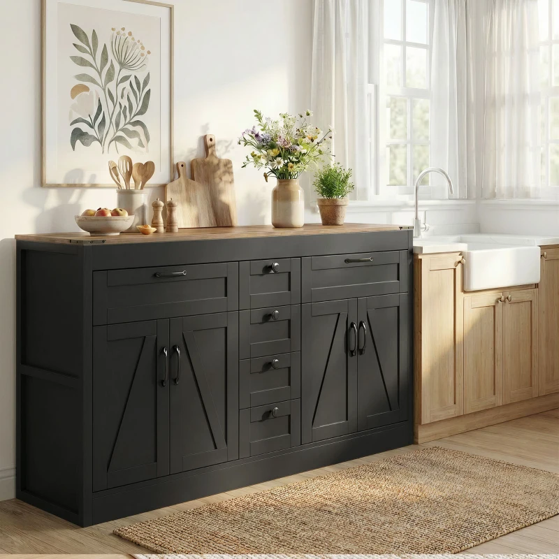 HOMCOM Sideboard Buffet Cabinet, 55" Farmhouse Kitchen Cabinet with 4 Barn Doors, 6 Drawers and 2 Adjustable Shelves, Black