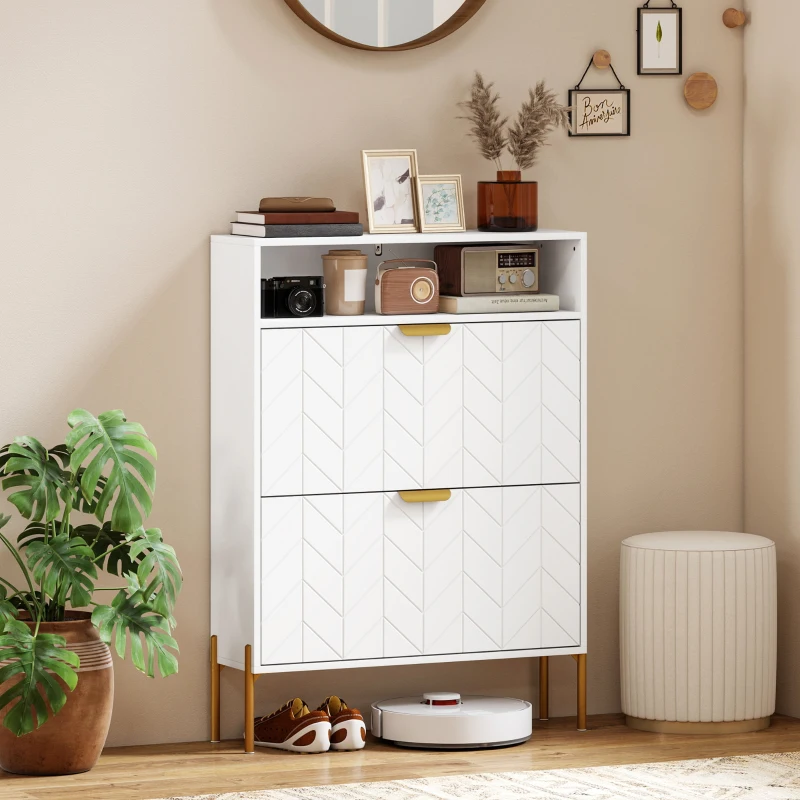 HOMCOM Shoe Cabinet with 2 Flip Drawers, Modern Narrow Shoe Storage Cabinet with Open Compartment, Adjustable Shelves, White