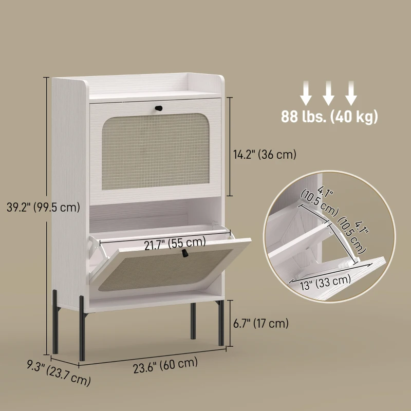 HOMCOM Shoe Cabinet with 2 Flip Drawers, Boho Narrow Shoe Storage Cabinet, White