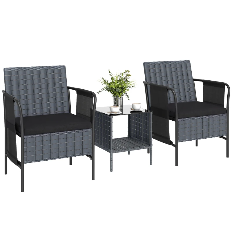 Outsunny 3 Piece Wicker Patio Furniture Set, Outdoor Bistro Set, Side Pockets, Mesh Seat, 2 Tier Glass Table, Cushions, Black
