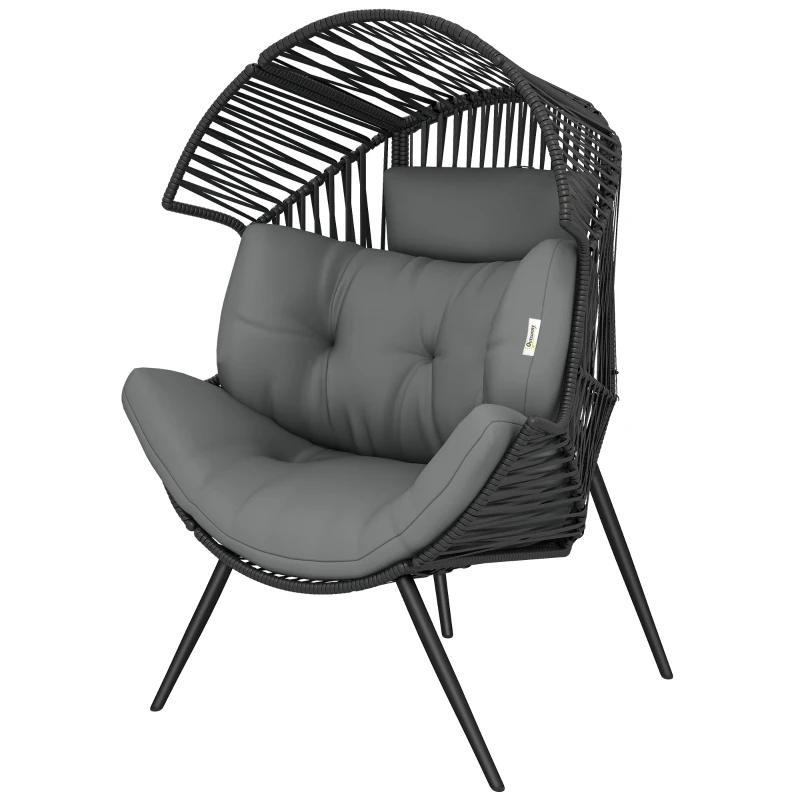 Outsunny Wicker Egg Chair, Indoor Outdoor Rattan Lounge Chair with Thick Cushion and Headrest, Steel Frame, Adjustable Pads, Grey
