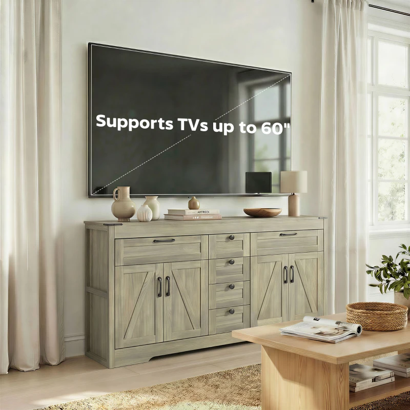 HOMCOM Sideboard Buffet Cabinet, 55" Farmhouse Kitchen Cabinet with 4 Barn Doors, 6 Drawers and 2 Adjustable Shelves, Grey