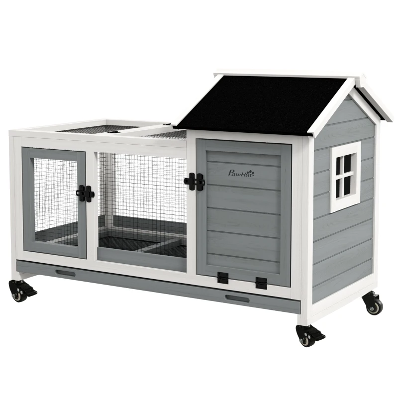 PawHut Rabbit Cage with Wheels, Ramp, Run, Tray for Indoor Outdoor, Suitable for Rabbit, Guinea Pig, Grey