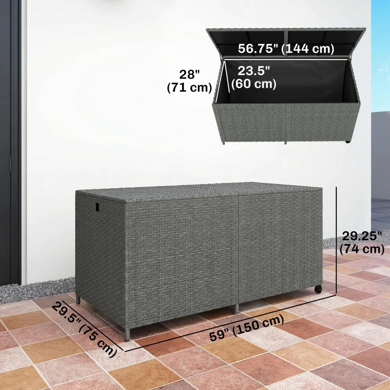 Outsunny 162 Gallon Rattan Deck Box with Wheels, Wicker Outdoor Storage Box with Waterproof Zippered Liner, Safe Pneumatic Rod