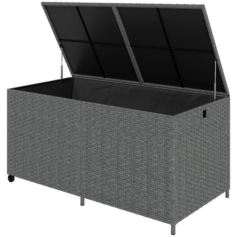 Outsunny 162 Gallon Rattan Deck Box with Wheels, Wicker Outdoor Storage Box with Waterproof Zippered Liner, Safe Pneumatic Rod