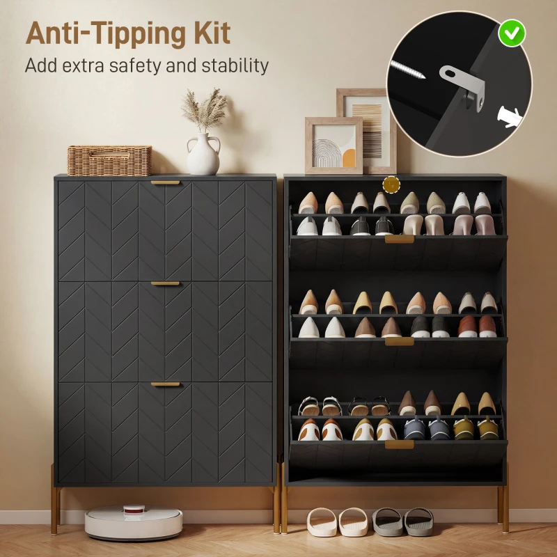 HOMCOM Shoe Cabinet with 3 Flip Drawers, Modern Narrow Shoe Storage Cabinet with Adjustable Shelves, Black