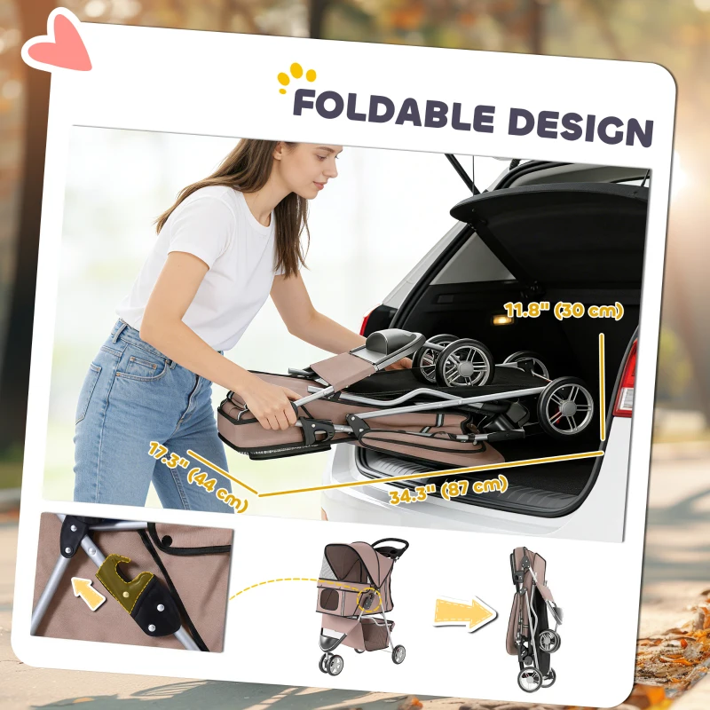 PawHut 3 Wheels Foldable Dog Stroller with Storage Basket, Adjustable Canopy, Cupholder for Miniature and Small Dogs, Coffee
