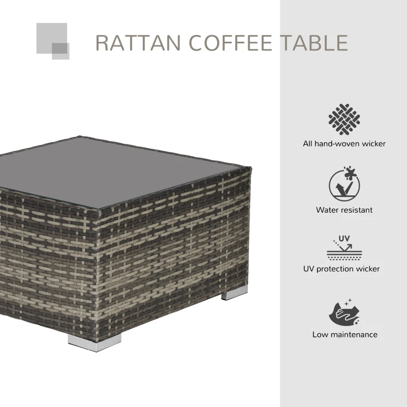 Outsunny Rattan Garden Coffee Table, 25.6" Square Garden Rattan Table with Tempered Glass Top, Deep Grey