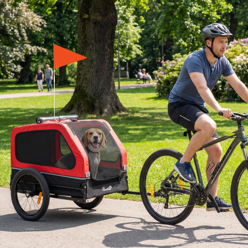 PawHut Dog Bike Trailer for Small & Medium Dogs, Universal Bicycle Coupler, Flip-Down Ramp Tailgate, Red