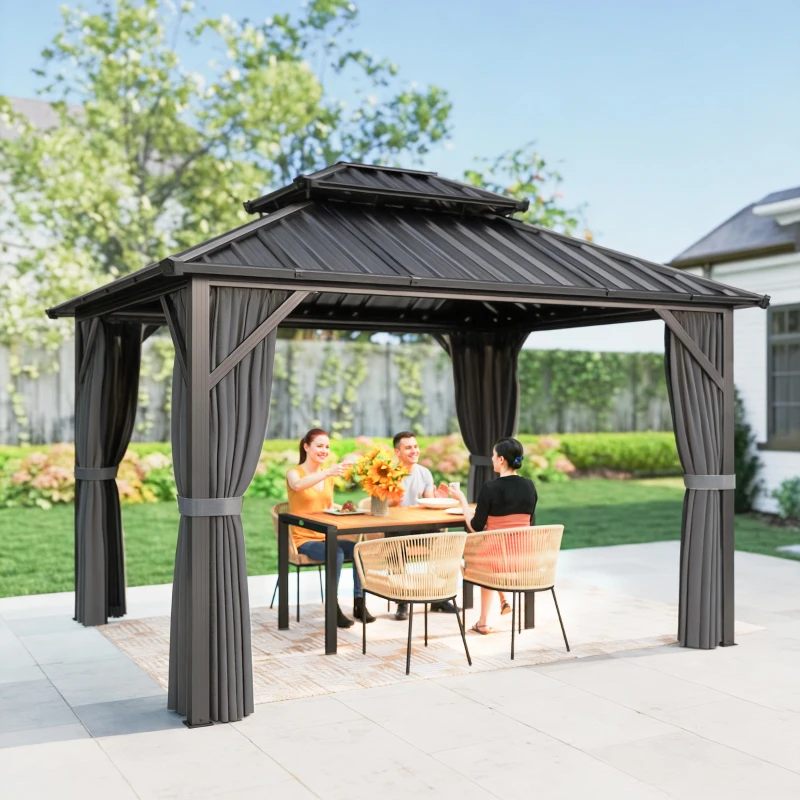 Outsunny 10' x 12' Hardtop Gazebo Canopy with Double Galvanized Steel Roof, Aluminium Frame Permanent Outdoor Gazebo, Dark Grey