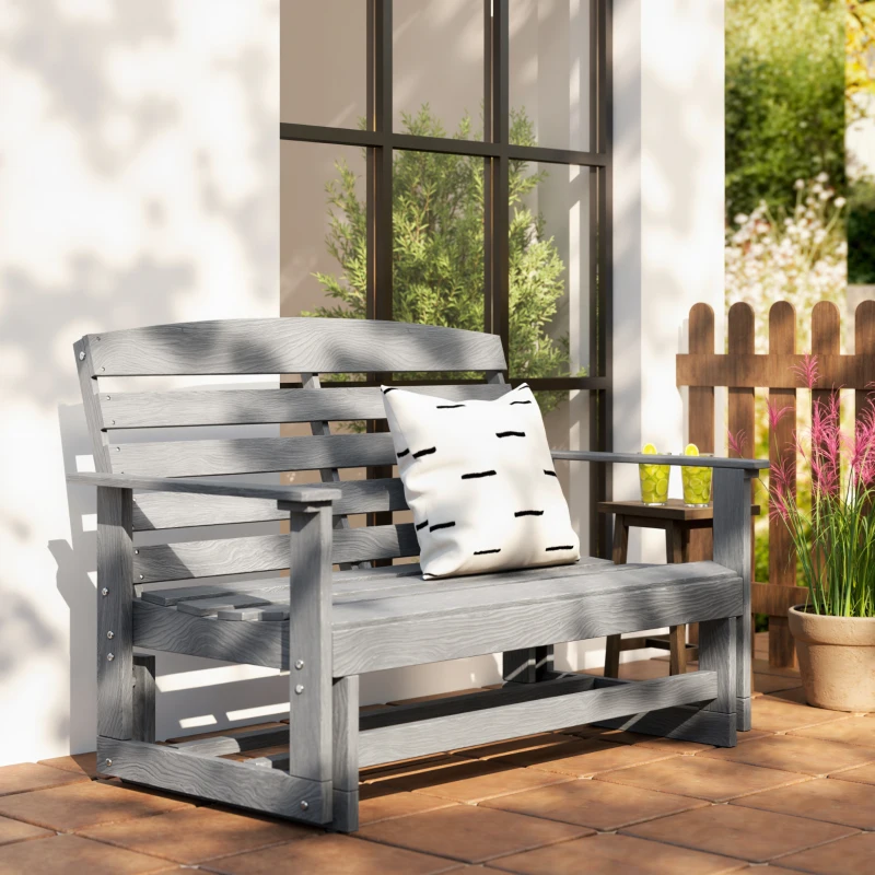 Outsunny Patio Glider Bench w/ HDPE Slatted Double Rocking Chair, Distressed Gray