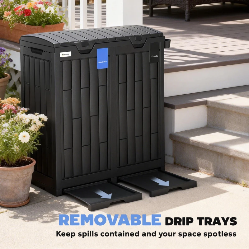 Outsunny 58 Gallon Double Outdoor Garbage Bin with Dual Lid, Plastic Outdoor Waste Trash Can with Ash Holder and Drip Trays