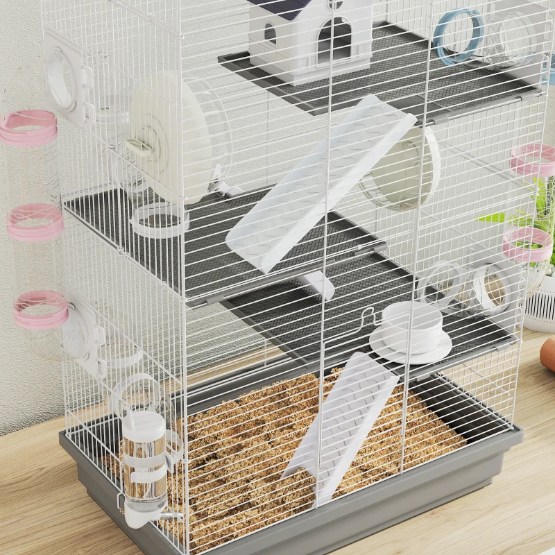 PawHut 4-Level Large Hamster Cage with DIY Tubes, Water Bottle, Food Dish, Hut, Exercise Wheels, Grey