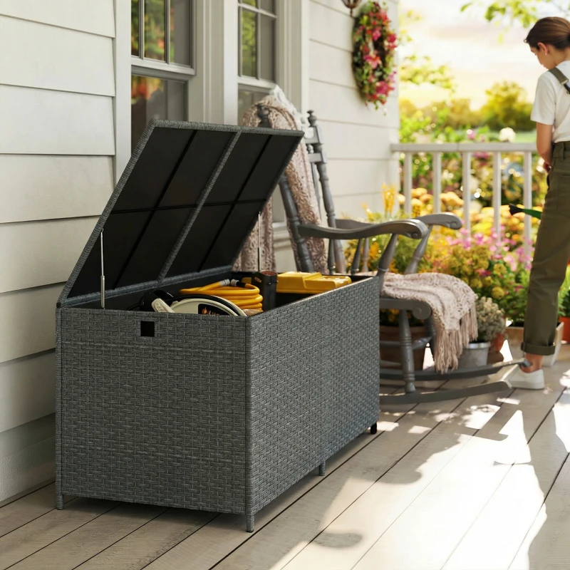 Outsunny 162 Gallon Rattan Deck Box with Wheels, Wicker Outdoor Storage Box with Waterproof Zippered Liner, Safe Pneumatic Rod