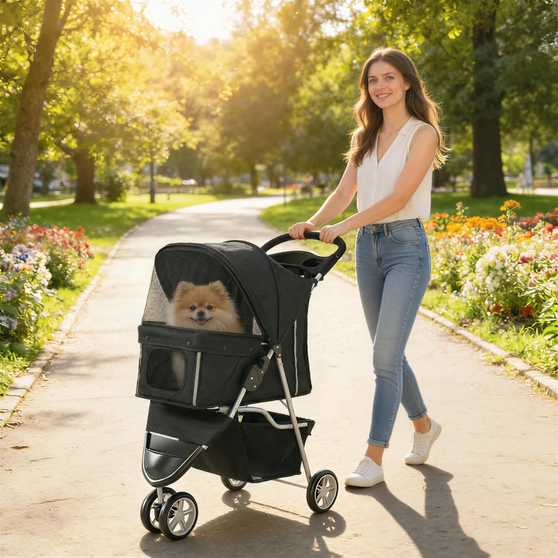 PawHut 3 Wheels Foldable Dog Stroller with Storage Basket, Adjustable Canopy, Cupholder for Miniature and Small Dogs, Black