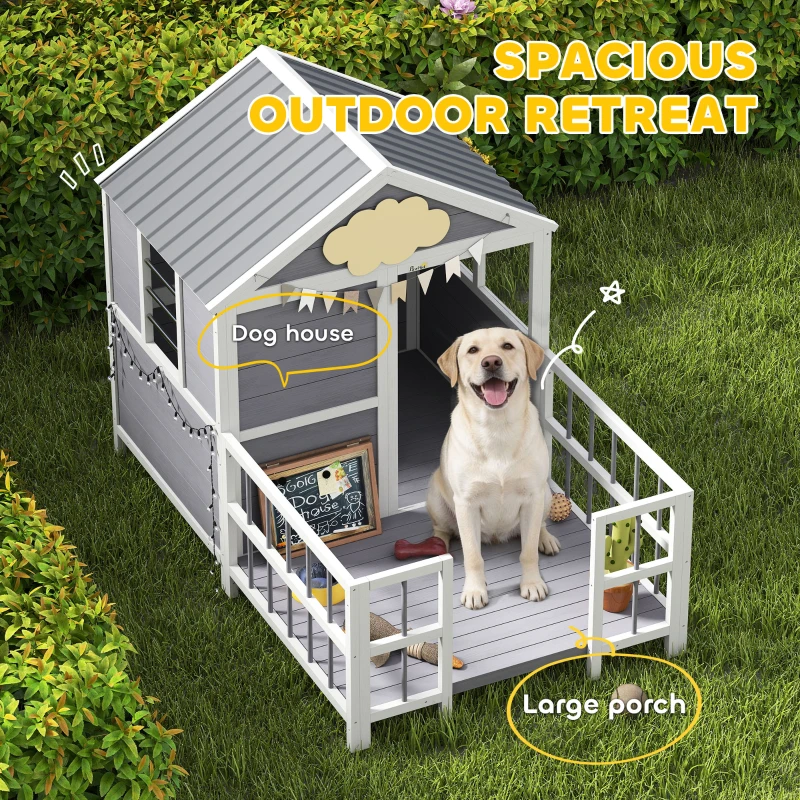 PawHut Outdoor Dog House, 61"L Wooden Dog House with Porch, Weatherproof Roof, Elevated Base, Air Vents & Observation Windows