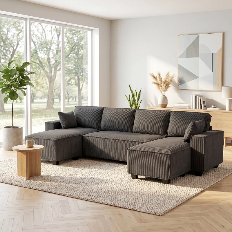 HOMCOM Modular U Shaped Couch, Sectional Sofa with Double Chaises and Spring Cushions, Dark Grey