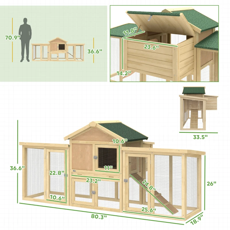 PawHut Wooden Chicken Coop ith Nesting Box, Double Runs, Removable Tray, Ramp, for Garden Backyard