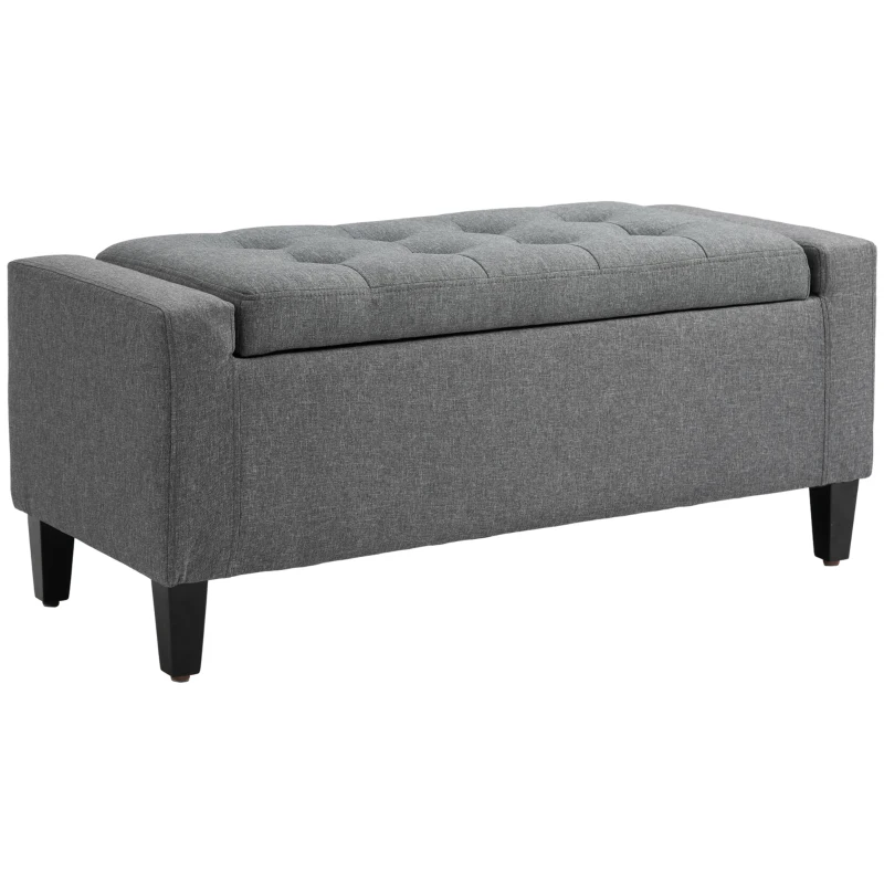 HOMCOM 36" Storage Ottoman Bench, Linen-Look Fabric End of Bed Bench with Solid Wood Frame and Legs, Tufted Storage Chest, Footrest for Living Room, Bedroom, Entryway, Grey