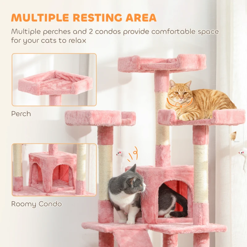 PawHut 68-inch Multi-Level Cat Scratching Tree Kitty Activity Center Post Tower Condo Pet Furniture w/ Toy Pink