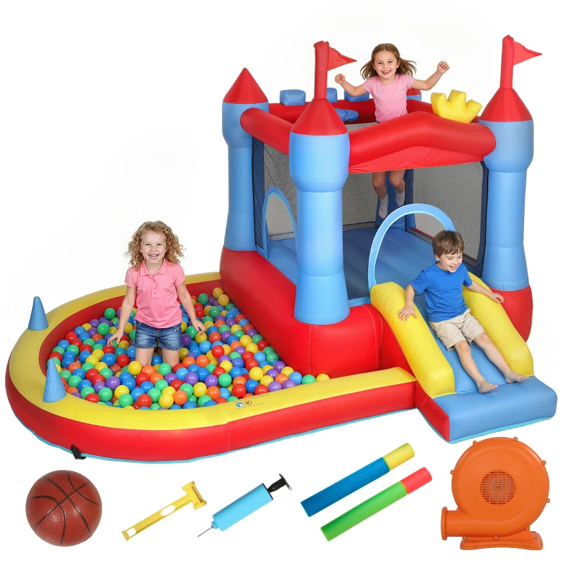 Qaba Bouncy Castle for Kids, Inflatable Bounce House with Slide, Pool/Ball Pit, Basketball Hoop and Blower for Indoor Outdoor