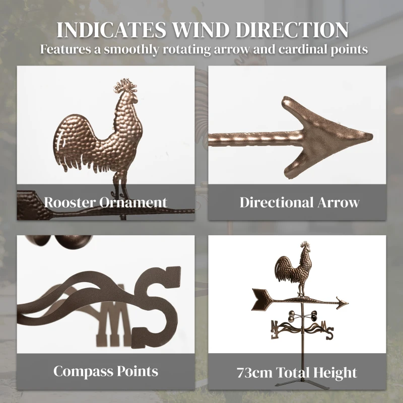 Outsunny Metal Rooster Weathervane, Roof Mount Wind Direction Indicator, Outdoor Weather Vanes