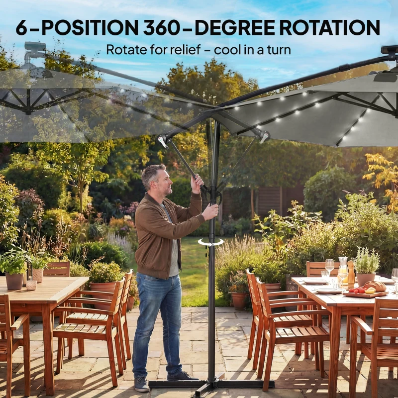 Outsunny 9.7 ft Cantilever Patio Umbrella with Solar Light, Garden Hanging Parasol with Cover, Tilt, Crank, Grey