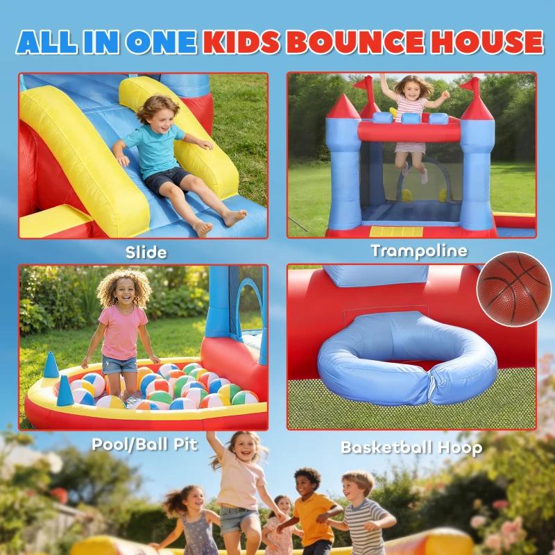 Qaba Bouncy Castle for Kids, Inflatable Bounce House with Slide, Pool/Ball Pit, Basketball Hoop and Blower for Indoor Outdoor